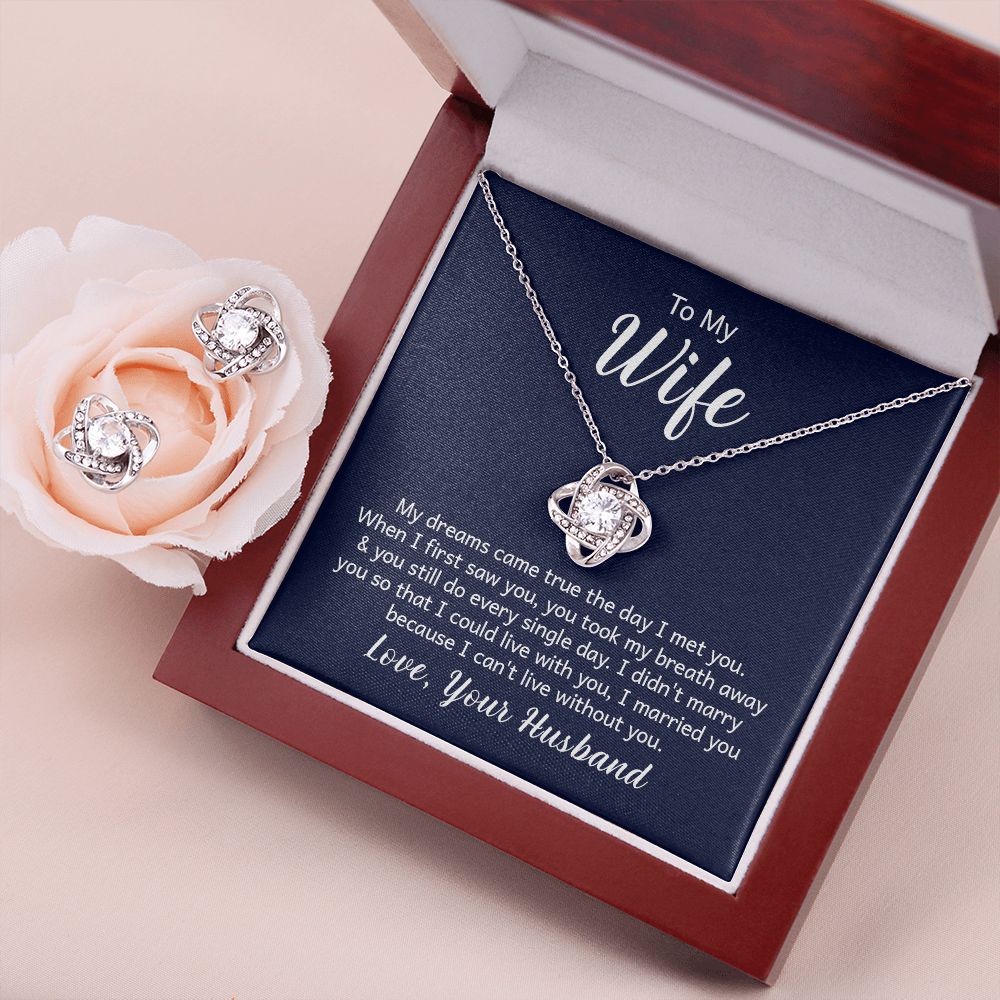 To My Wife, I Can't Live Without You - Love Knot Necklace and Earring Set